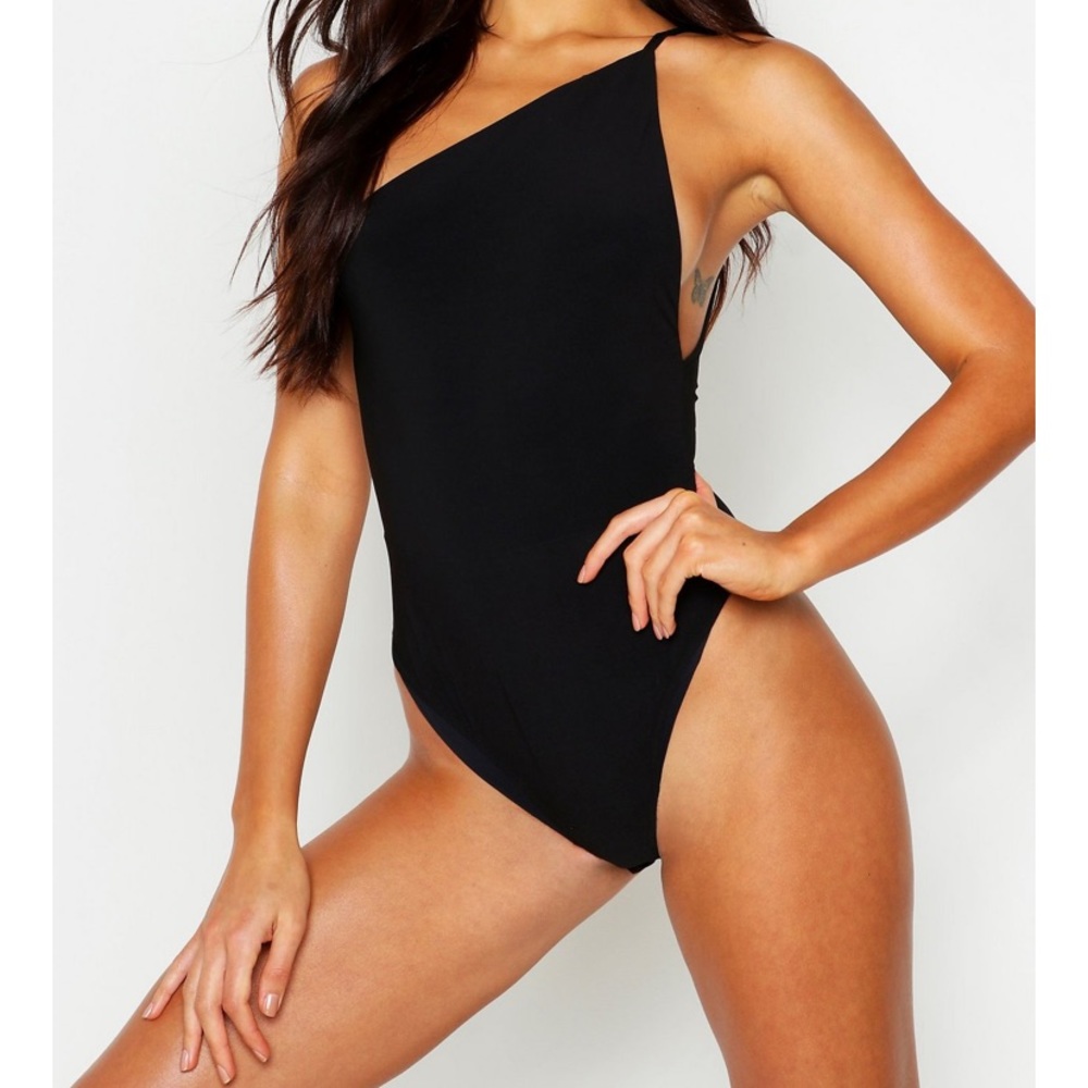 Black one shoulder thong bodysuit